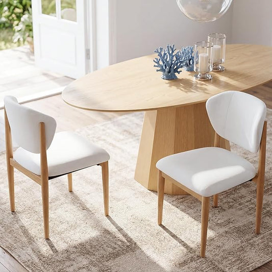 Casaphoria Dining Chairs Set of 2, Solid Oak Wood Legs Upholstered Kitchen Chairs, Mid Century Modern Ergonomic Curved Back Accent Chair for Dining Room, Home Office and Vanity, White
