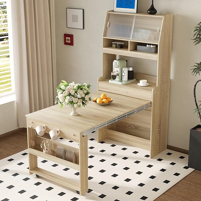 Compact Buffet with Hutch and Foldable Dining Table, Multifunctional Cupboard with Storage Shelf and Side Hooks, 2-in-1 Buffet for Small Places, Studio, Apartment