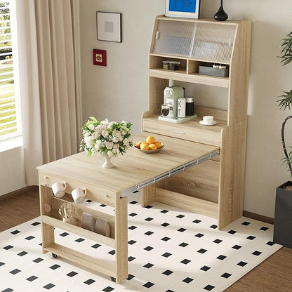 Compact Buffet with Hutch and Foldable Dining Table, Multifunctional Cupboard with Storage Shelf and Side Hooks, 2-in-1 Buffet for Small Places, Studio, Apartment