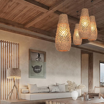 Arturesthome 1 Light Boho Rattan Pendant Light Fixtures, Mini Farmhouse Natural Chandelier Pendant Light, Retro Wicker Hanging Lamp for Kitchen Island
