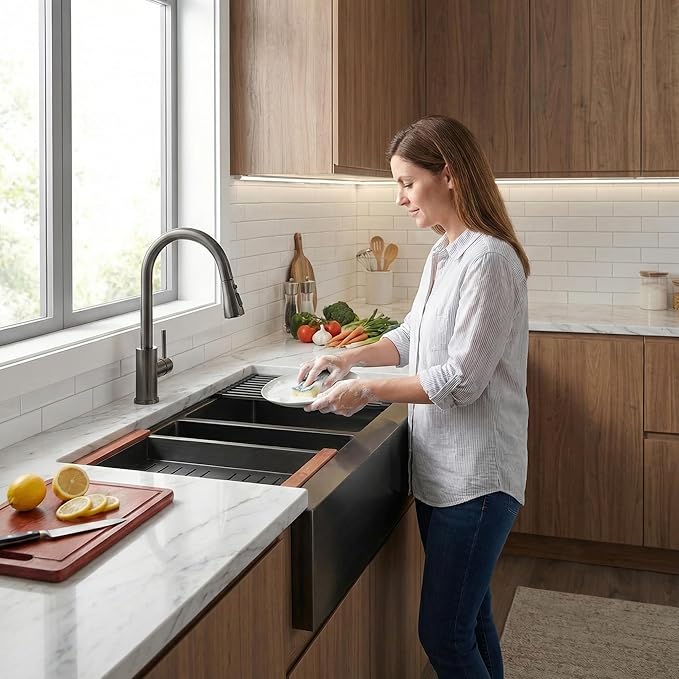 LQS Double Bowl Kitchen Sink, Undermount/Drop In Kitchen Sink, Double Bowl Stainless Steel Kitchen Sinks, 16 Gauge Stainless Steel Handmade Sinks (Black, 28" x 22" x 10")