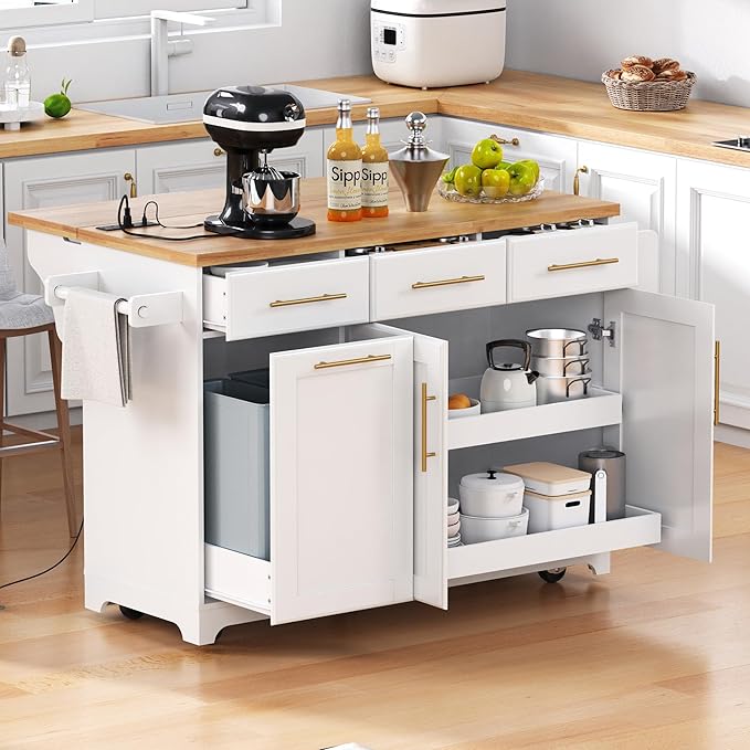 JIJIWANG 59.3" Kitchen Island with Storage 2 Pull Out Cabinet Organizers & Rubber Wood Drop Leaf, Rolling Island with Trash Can Storage, Power Outlet, Spice & Towel Rack for Kitchen, Dining, White