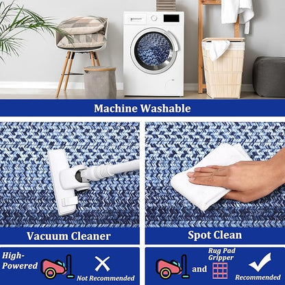 Printed Washable Runner Rug 2x10 Runners for Hallways Braided Rug Non Slip Bath Mat Modern Soft Bedroom Rug Farmhouse Kitchen Rugs Entryway Rugs Stain Resistant Carpet 2'x10' Navy