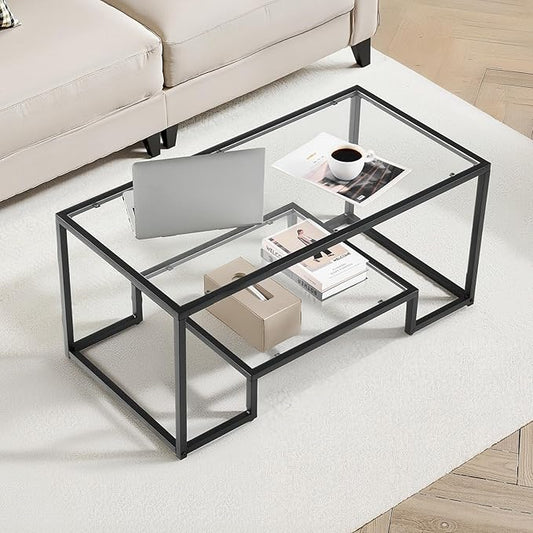 VEVOR Glass Coffee Table, Modern Glass Coffee Table, 2 Tiers Rectangle Glass Center Desk with Open Storage, Minimalist Sturdy Metal Frame Accent End Desk for Living Room, Office, Easy Assembly