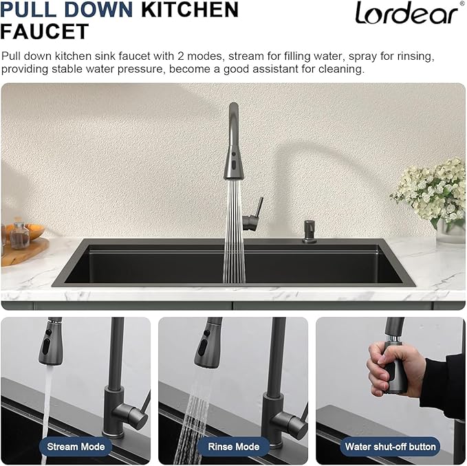 Lordear Black Kitchen Sink with Faucet 33 Inch Drop In Kitchen Sink Workstation Gunmetal Black 16 Gauge Stainless Steel Single Bowl 33x22 Topmount Kitchen Sinks with Pull-out Faucet Combo