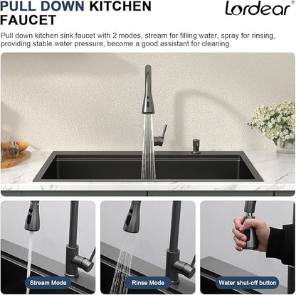 Lordear Black Kitchen Sink with Faucet 33 Inch Drop In Kitchen Sink Workstation Gunmetal Black 16 Gauge Stainless Steel Single Bowl 33x22 Topmount Kitchen Sinks with Pull-out Faucet Combo