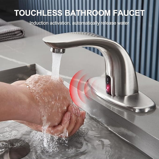 Charmingwater Touchless Bathroom Sink Faucet with Hole Cover Plate, Brushed Nickel