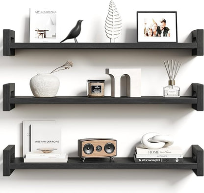 Vailando Floating Shelves for Wall, Set of 3 Solid Wood Wall Mounted Shelves, 23.6" Black Display Shelf for Bedroom, Living Room, Bathroom, and Kitchen Decor - Heavy-Duty & Natural Pine