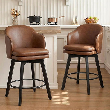 Counter Height Barstools 26 inch Upholstered Swivel Bar Stools with Back and Wood Legs for Kitchen Island,Set of 2,Brown PU Leather