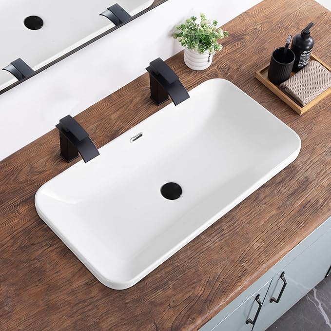 Bathroom Vessel Sink 31.5" X 16.5" Semi Recessed Bathroom Sink Rectangular Drop In Bathroom Sinks with Overflow White Ceramic Vessel Sinks for Bathroom Modern Above Counter Basin Vanity Sink