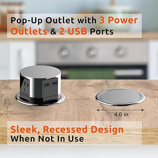 Link2Home Space Saver Pop Up-Outlet, 3 Power Outlets 15 Amp, 2 USB Ports 2.4 Amp, Overload Protection, Splash Resistant EM-PU-100E
