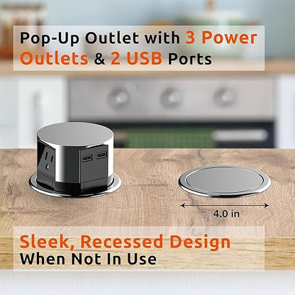 Link2Home Space Saver Pop Up-Outlet, 3 Power Outlets 15 Amp, 2 USB Ports 2.4 Amp, Overload Protection, Splash Resistant EM-PU-100E
