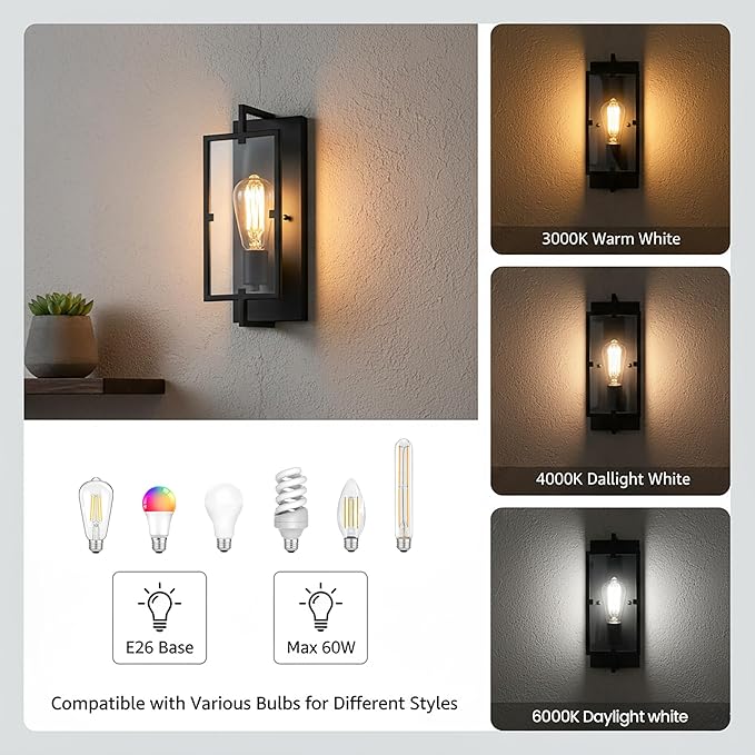 1-Light Bathroom Light Fixture, Matte Black Vanity Lights Wall Sconce with Clear Glass Shade, Indoor Wall Lamp with E26 Base for Mirror Living Room Bedroom Hallway