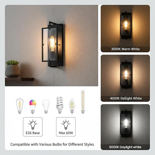 1-Light Bathroom Light Fixture, Matte Black Vanity Lights Wall Sconce with Clear Glass Shade, Indoor Wall Lamp with E26 Base for Mirror Living Room Bedroom Hallway