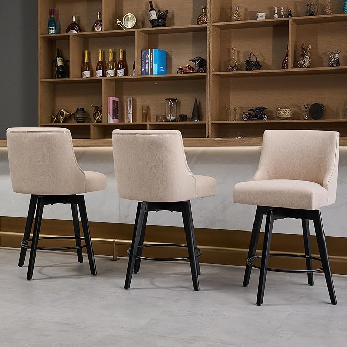 Counter Height Bar Stools Set of 2,Swivel Barstools with Backs and Wood Legs,Linen Fabric Upholstered Counter Stools for Kitchend Island,Mid-Century Modern 26"Seat Height Bar Chairs,Flax Beige
