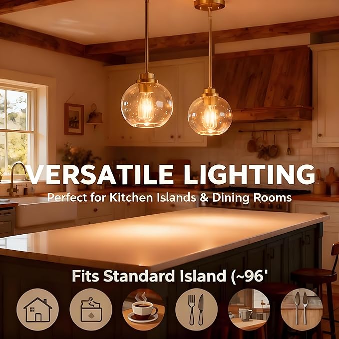 Gold Pendant Light, 7 Inch Clear Glass Farmhouse Hanging Fixture, Adjustable Height & Sloped Ceiling Compatible for Kitchen Island Dining Room Entryway Bedroom Hallway, 2 Pack