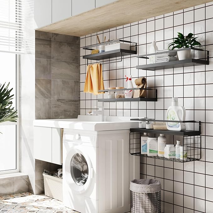 Black Wood Floating Shelves Wall Mounted - 3+1 Tier Rustic Bathroom Wall Shelves Over Toilet with Wire Storage Basket and Towel Bar, set of 4 Farmhouse Floating Shelf for Bathroom, Kitchen, Bedroom.