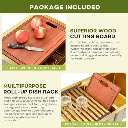 LQS Gold Kitchen Sink 30 Inch, 30” x 18” Stainless Steel Undermount Kitchen Sink, 50/50 Double Bowl with Sapele Cutting Board, Sink Grids, Sink Strainers and Fordable Roll-Up Drying Rack