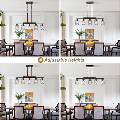 5-Light Dining Room Light Fixture/Chandelier Over Table, Island Lighting Hanging for Farmhouse Linear Chandeliers Matte Black Rustic Wood Ceiling Pendant Light Fixtures, with Clear Glass Shade