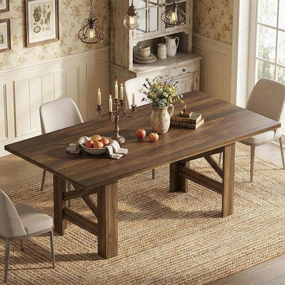 GarveeHome Dining Table for 6-8, 71" Long Large Wooden Farmhouse Kitchen Table with Thick Sturdy Frame, Rectangular Dining Room Dinner Table with Stable Triangular Legs for Kitchen,Office, Retro Brown