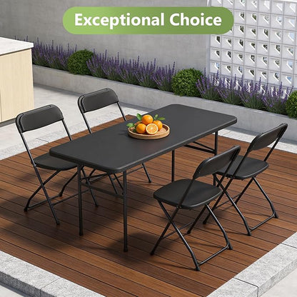4ft Folding Table, Heavy Duty Plastic Card Table with Foldable Steel Legs, Metal Frame Support up to 400 lb, Portable for Indoor, Outdoor, Picnic, Camping, Dining, Party, Black