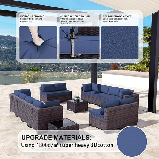 Kullavik 14 Pieces Outdoor Patio Furniture Set PE Wicker Rattan Sectional Sofa Patio Conversation Sets,Navy Blue