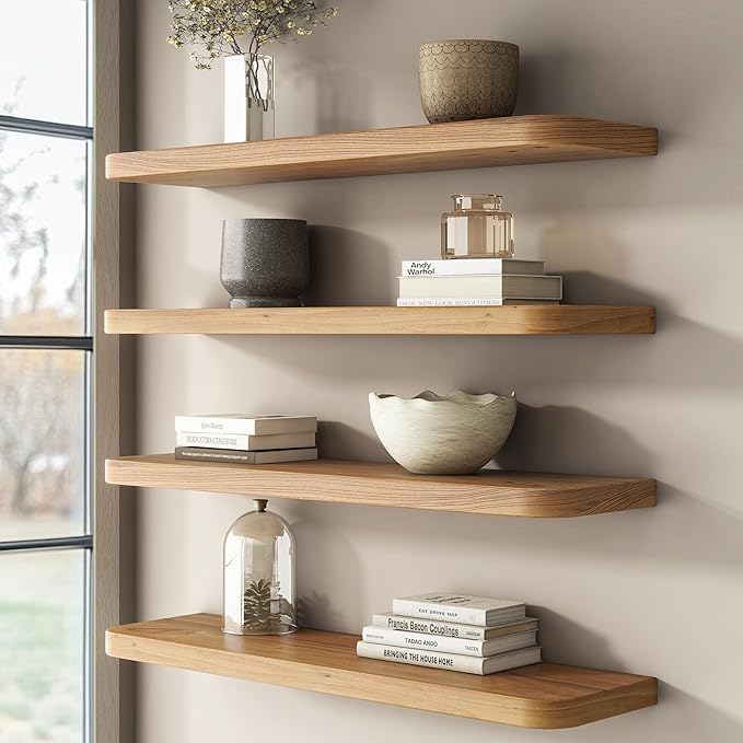 Reclaimed Elm Wood Floating Shelves for Wall Round Edge, 36"W x 9.2"D x 1.37"H, Set of 2 with Invisible Bracket, Wall Mounted Shelves for Living Room Bedroom Kitchen Bathroom Decor, Natural Finish