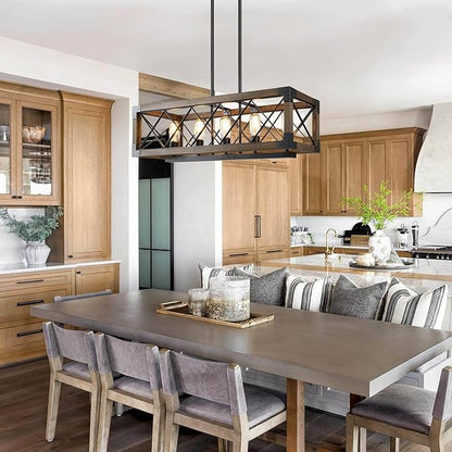 LALUZ Farmhouse Wood Chandelier for Kitchen Island, 5-Light Rectangular Dining Room Light Fixtures Hanging