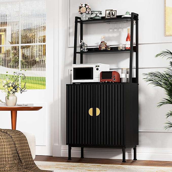 58” Pantry Cabinets with Microwave Shelves, Small Kitchen Pantry Storage Cabinet with Adjustable Shelves, Freestanding Buffet Cupboards Sideboard for Kitchen, Dining Room, Living Room Use (Black)