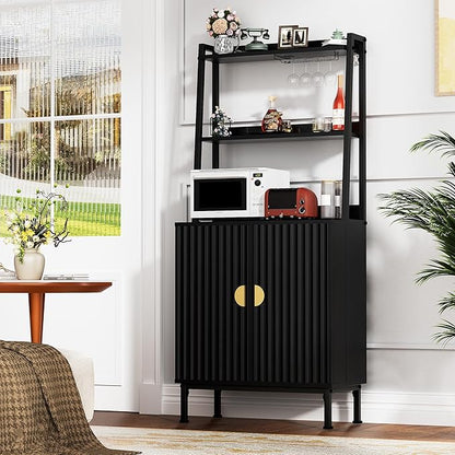 58” Pantry Cabinets with Microwave Shelves, Small Kitchen Pantry Storage Cabinet with Adjustable Shelves, Freestanding Buffet Cupboards Sideboard for Kitchen, Dining Room, Living Room Use (Black)