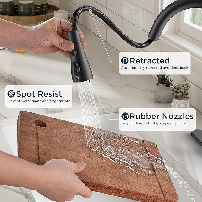 QFN Black Kitchen Faucet with Pull Down Sprayer, High Arc Single Handle Single Level Stainless Steel Pull Out Sink Faucet for Farmouse Camper RV Bar, Fit for 1 or 3 Hole