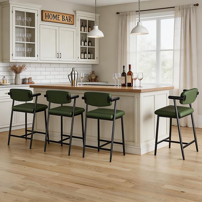 GarveeHome Counter Height Bar Stools Set of 6 with Armrests, 26" Upholstered 6pcs Tall Bar Stools Set, Long Backrest & Extra Thick Cushion, Modern High Barstools for Kitchen Island, Pub, Rustic Green