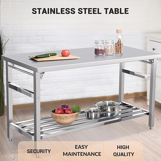 Stainless Steel Folding Table 24 x 60 Inch, Commercial Worktables Workstations, Heavy Duty Kitchen Island with Undershelf for Restaurant Kitchens Laundry, Silver