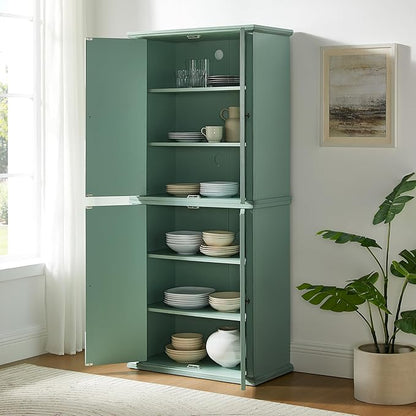 Crosley Furniture Holbrook Traditional Tall Kitchen Pantry, Laundry Room Cabinet, Bathroom Storage Cabinets, Distressed Seafoam Blue