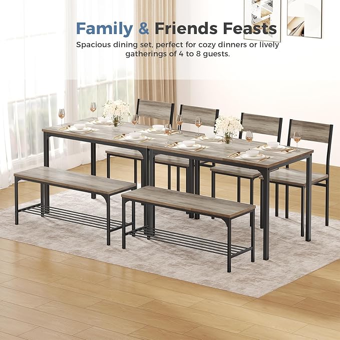 DUMOS Dining Table, Dining Table Set for 4 with Bench, Easy to Assemble Kitchen Table, Space-Saving Ideal 4-Person Set for Dining Room Kitchen Apartment Corner Gray 4 Pack