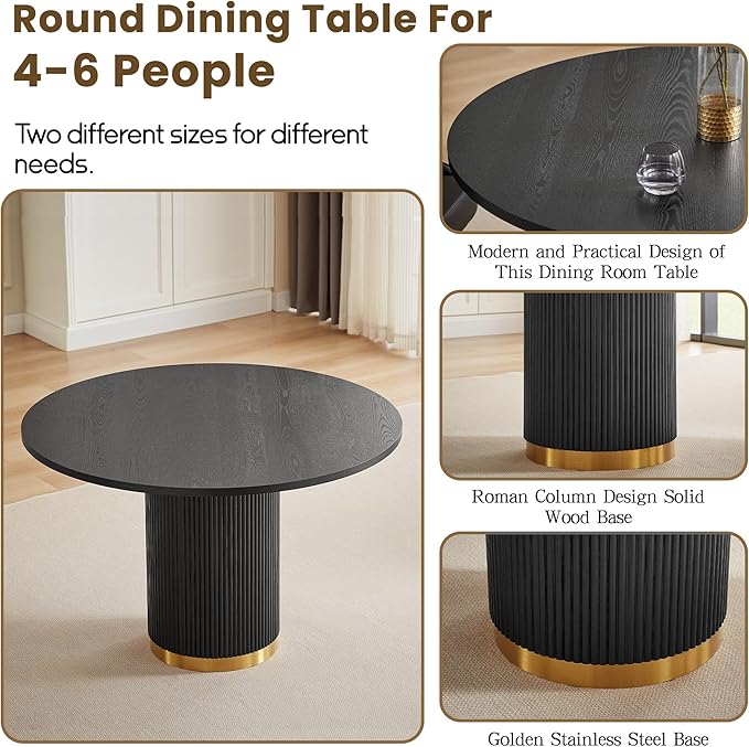 Farmhouse Round Dining Table for 6, 46.46" Luxury One-Piece Solid Wood Dining Table with Gold Stainless Steel Roman Column Pedestal Base, Mid-Century Modern Round Kitchen Table, Black
