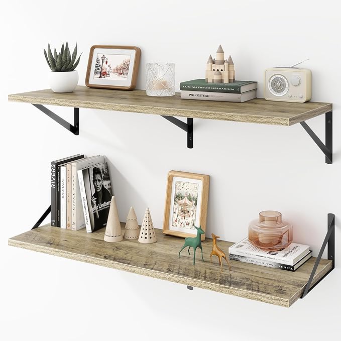 Acovy Deep Floating Shelves Wall Mounted, 36"x12" Gray Wall Shelves with Brackets Set of 2 for Bedroom, Living Room, Bathroom, Kitchen, Office - Storage & Display Shelf for Decor, Books, Plants