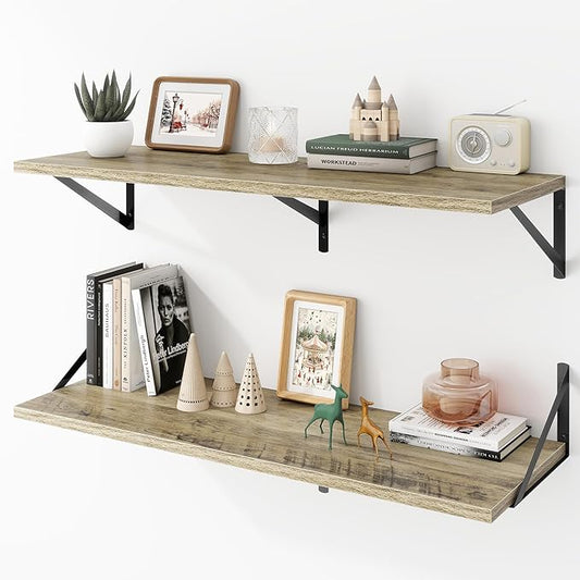 Acovy Deep Floating Shelves Wall Mounted, 36"x12" Gray Wall Shelves with Brackets Set of 2 for Bedroom, Living Room, Bathroom, Kitchen, Office - Storage & Display Shelf for Decor, Books, Plants