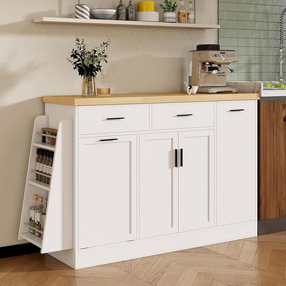 Sideboard Buffet Cabinet with Storage Drawers, Wood Kitchen Island with Trash Can Storage, 3-Tier Pull-Out Rack and Spice Rack, Modern Accent Cabinet for Kitchen, Dining Room, Entryway, White