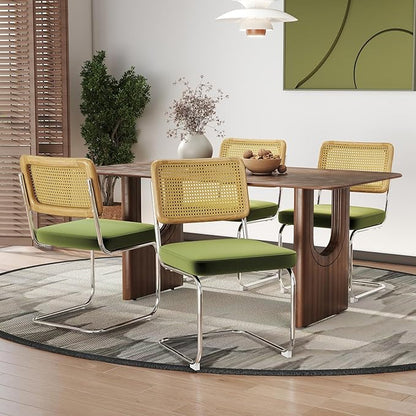 Rattan Back Velvet Dining Chair Set of 4 Modern Stainless Chrome Base Armless Upholstered Side Chair for Dining Room, Kitchen Island, Olive Green