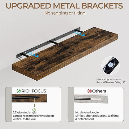 RICHFOCUS Deep Floating Shelves for Wall 2 Pack 12" D 48 Inch Wall Shelves for Room Wall|Wood Hanging Shelf with Invisible Brackets for Bathroom Bedroom Kitchen Laundry Room, Rustic Brown