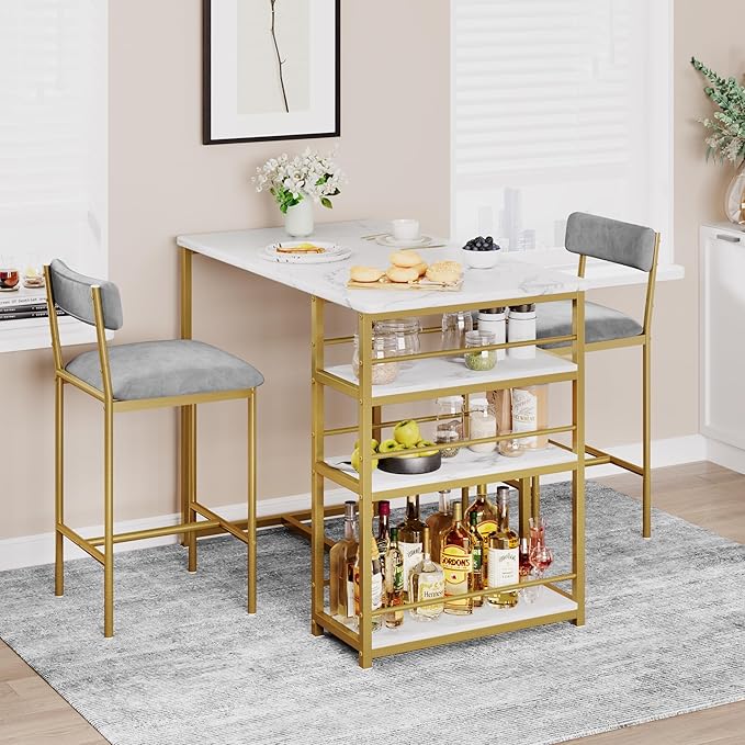 TrailBlaze 3-Piece Dining Table Set for 2, Counter Height Bar Table with 3 Storage Shelves, Soft Fabric Upholstered Chairs - Space-Saving Kitchen & Dining Room for Apartment, Small Spaces - Golden