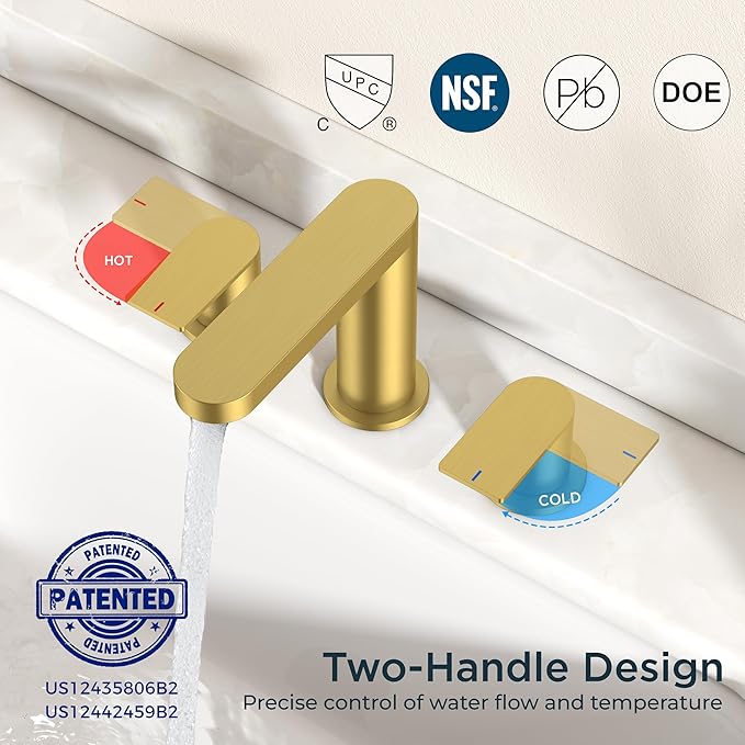 FORIOUS Brushed Gold Bathroom Faucets 3 Hole, 8 Inch Widespread Bathroom Sink Faucet with Pop-up Drain and cUPC Supply Lines for Basin, Vanity, Laundry Room, Restroom and RV