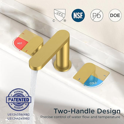 FORIOUS Brushed Gold Bathroom Faucets 3 Hole, 8 Inch Widespread Bathroom Sink Faucet with Pop-up Drain and cUPC Supply Lines for Basin, Vanity, Laundry Room, Restroom and RV
