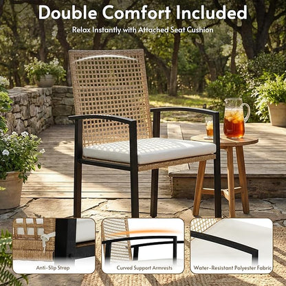 7-Piece Outdoor Dining Set for 6, Patio Dining Set with Hand-Woven Wicker Chairs & Cushions, 60" x 33" x 30" Wider Aluminum Woodgrain Table for Deck, Garden, Backyard