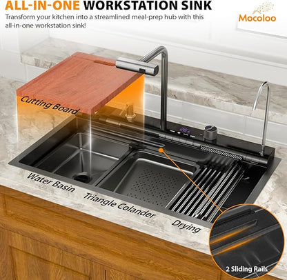 Mocoloo 30 Inch Black Honeycomb Waterfall Kitchen Sink Drop in, 30x19 Inch Stainless Steel Workstation Sink 16 Gauge Topmount Single Bowl LED Display Sink with Complete Kit