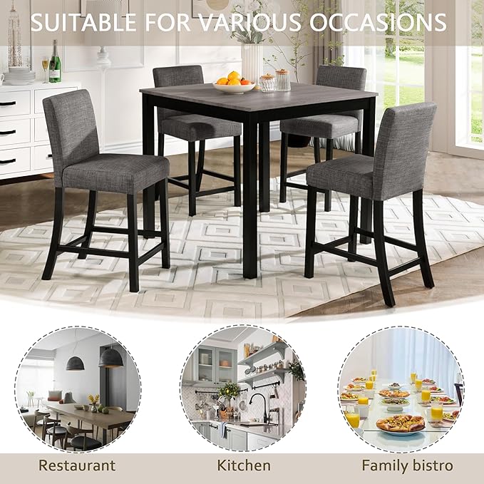 5-Piece Counter Height Dining Table Set for 4, Wooden Kitchen Table and Chairs Set of 4, Square Dining Room Table with Upholstered Seats for Kitchen and Dining, Light Grey & Black Two Tone