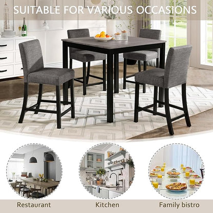 5-Piece Counter Height Dining Table Set for 4, Wooden Kitchen Table and Chairs Set of 4, Square Dining Room Table with Upholstered Seats for Kitchen and Dining, Light Grey & Black Two Tone