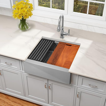 28-Inch Farmhouse Kitchen Sink, 16 Gauge Stainless Steel Farm Sink, Undermount Single Bowl, Brushed Finish, Deep Basin, Workstation Design with Accessories (Stainless Steel, 28" x 22" x 10")