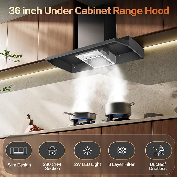 Under Cabinet Range Hood 36 inch, Ducted/Ductless Vent Hood with 2 Speeds Fan, Black Range Hood with Rocker Button Control, Kitchen Hood 280CFM, Bright LED Light
